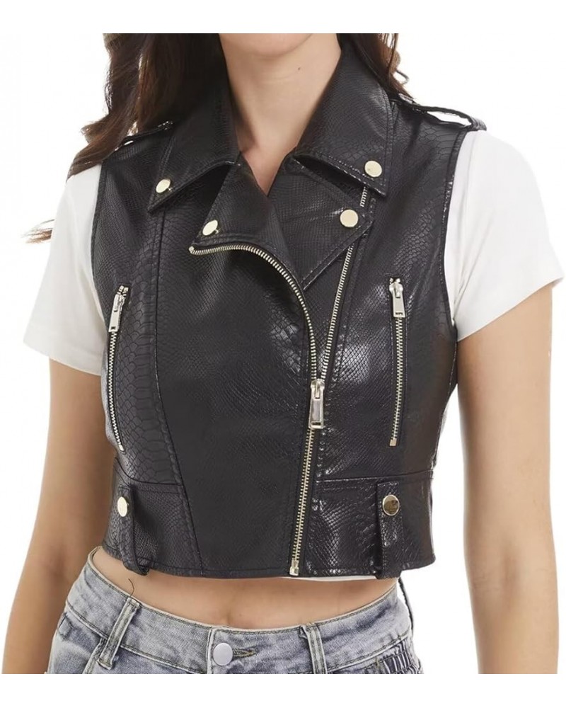 Faux Leather Vest For Women Zipper Cropped Sleeveless Biker Moto Slim PU Motorcycle Waistcoat 063 Black $24.29 Vests