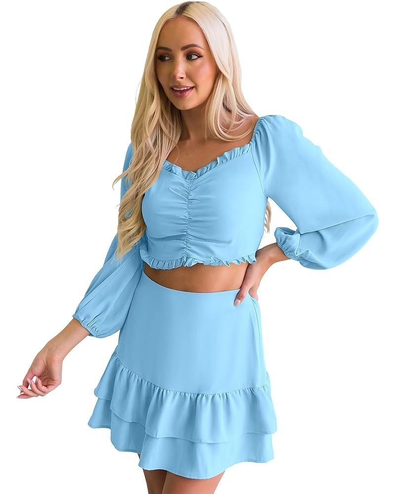 2023 Two Piece Outfits for Women Summer Tiered Skirt Sets 2 Pieces with Shorts Ruched Top Romper Matching Set Air Blue $8.39 ...