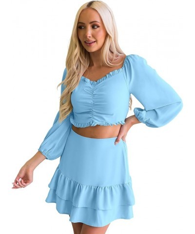 2023 Two Piece Outfits for Women Summer Tiered Skirt Sets 2 Pieces with Shorts Ruched Top Romper Matching Set Air Blue $8.39 ...