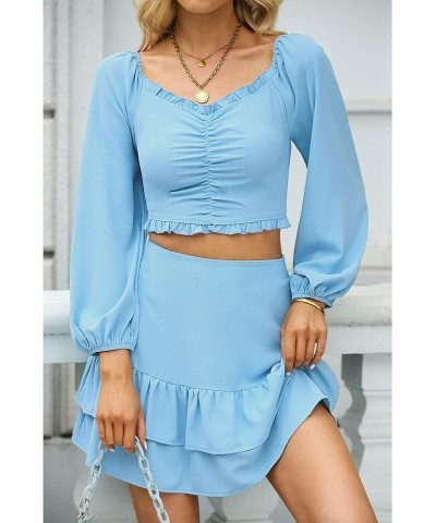 2023 Two Piece Outfits for Women Summer Tiered Skirt Sets 2 Pieces with Shorts Ruched Top Romper Matching Set Air Blue $8.39 ...