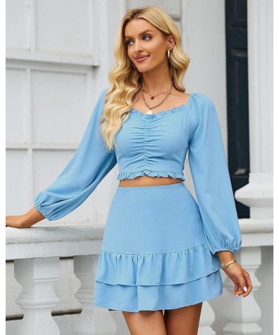 2023 Two Piece Outfits for Women Summer Tiered Skirt Sets 2 Pieces with Shorts Ruched Top Romper Matching Set Air Blue $8.39 ...