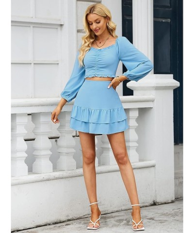 2023 Two Piece Outfits for Women Summer Tiered Skirt Sets 2 Pieces with Shorts Ruched Top Romper Matching Set Air Blue $8.39 ...