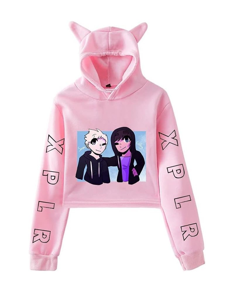 Sam and Colby Merch XPLR Women Cute Cat Hoodies Long Sleeve Hooded Sweatshirt Fashion Crop Tops Pink2 $9.95 Hoodies & Sweatsh...