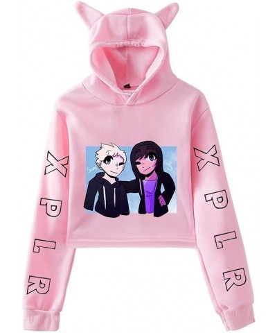 Sam and Colby Merch XPLR Women Cute Cat Hoodies Long Sleeve Hooded Sweatshirt Fashion Crop Tops Pink2 $9.95 Hoodies & Sweatsh...