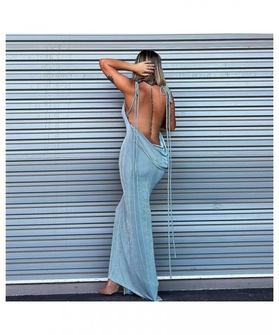 Women Sexy Long Dress Bodycon Open Back Tie Up Solid Color Halter Neck Sleeveless Summer Clubwear Beach Dress Blue $20.64 Dre...