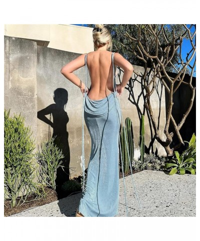 Women Sexy Long Dress Bodycon Open Back Tie Up Solid Color Halter Neck Sleeveless Summer Clubwear Beach Dress Blue $20.64 Dre...