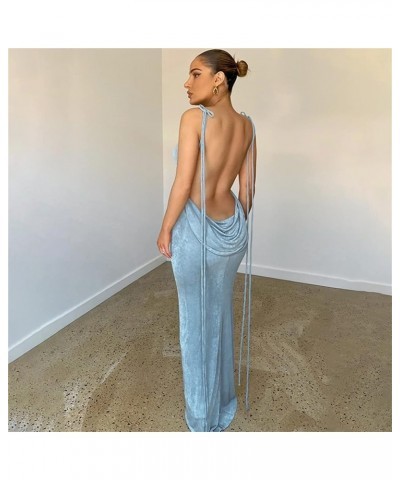 Women Sexy Long Dress Bodycon Open Back Tie Up Solid Color Halter Neck Sleeveless Summer Clubwear Beach Dress Blue $20.64 Dre...