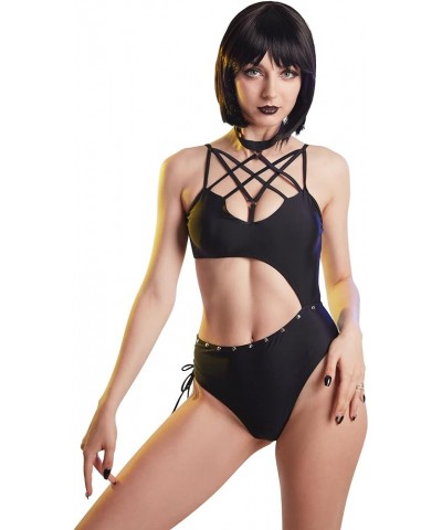 Women One Piece Swimsuit Gothic Goth Bathing Suits Sexy Halter Hollow Swimwear Monokini Cutout Hexagram Cross Black $13.99 Sw...