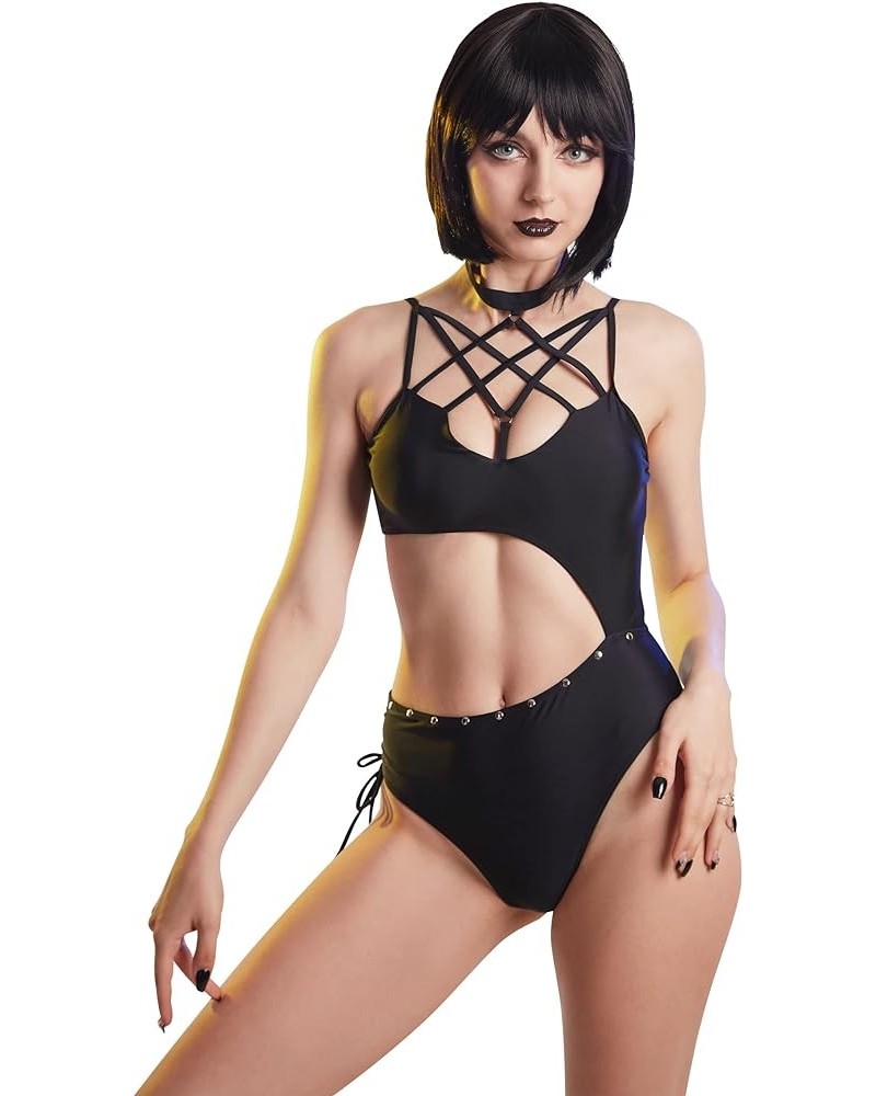 Women One Piece Swimsuit Gothic Goth Bathing Suits Sexy Halter Hollow Swimwear Monokini Cutout Hexagram Cross Black $13.99 Sw...