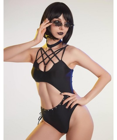 Women One Piece Swimsuit Gothic Goth Bathing Suits Sexy Halter Hollow Swimwear Monokini Cutout Hexagram Cross Black $13.99 Sw...