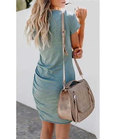 Women’s Summer Casual Crew Neck Ruched Stretchy Tulip Hem Bodycon Short Mini Dress T Shirt Sheath Dresses Blue $16.91 Dresses