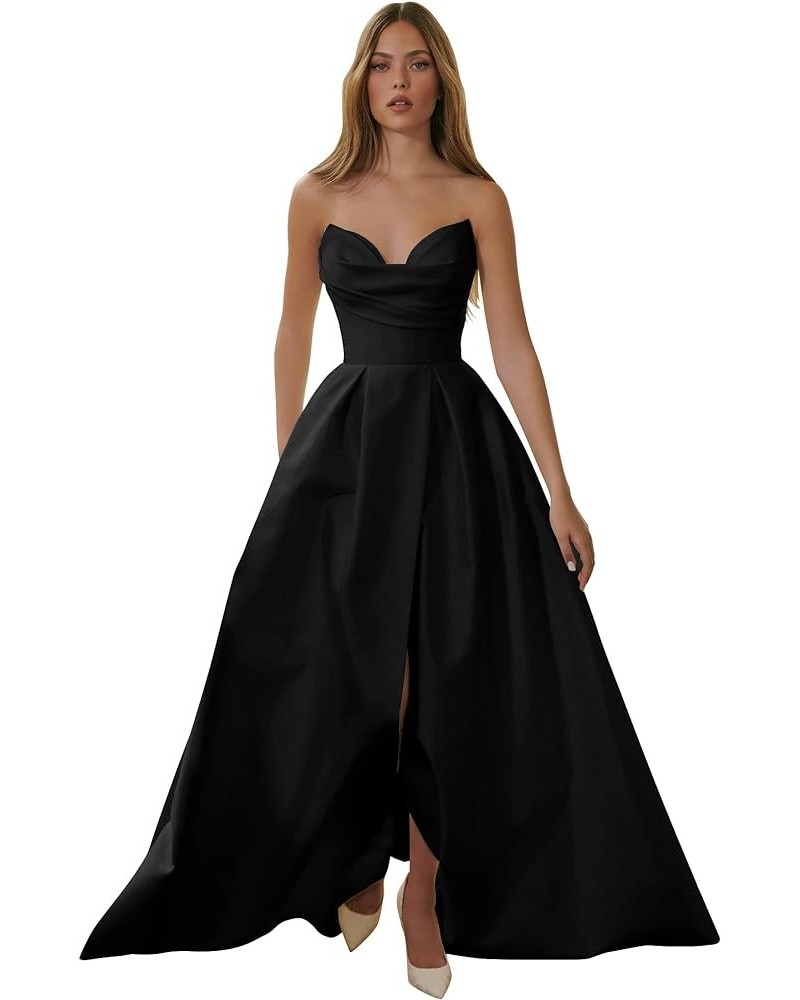 Strapless Sweetheart Prom Dresses Long A Line Slit Satin Formal Evening Party Gown Black $45.04 Dresses