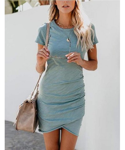 Women’s Summer Casual Crew Neck Ruched Stretchy Tulip Hem Bodycon Short Mini Dress T Shirt Sheath Dresses Blue $16.91 Dresses