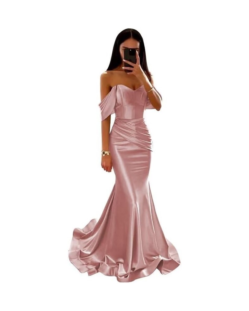 Satin Prom Dresses Long Off The Shoulder Mermaid Ball Gown Dusty Rose $28.60 Dresses