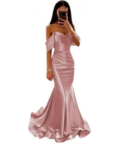 Satin Prom Dresses Long Off The Shoulder Mermaid Ball Gown Dusty Rose $28.60 Dresses