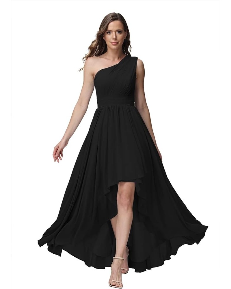 Women's One Shoulder Bridesmaid Dresses High Low Chiffon Evening Formal Gown with Pockets YZTS015 Black $26.95 Dresses