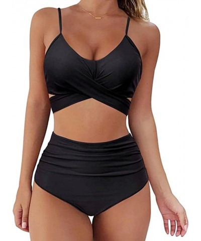 High Waisted Bikini Push Up Bandage Tummy Control Swimwear High Waisted Leg Two Pieces Swimsuit Sets for Women Juniors Black ...