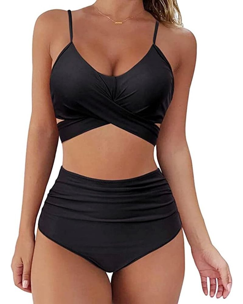 High Waisted Bikini Push Up Bandage Tummy Control Swimwear High Waisted Leg Two Pieces Swimsuit Sets for Women Juniors Black ...