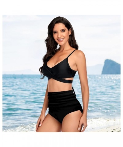 High Waisted Bikini Push Up Bandage Tummy Control Swimwear High Waisted Leg Two Pieces Swimsuit Sets for Women Juniors Black ...