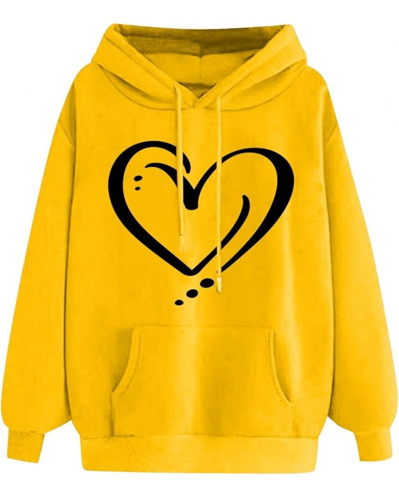 Women's Drawstraing Long Sleeve Trendy Hoodies Cute Heart Graphic Design Hooded Pullover Loose Sweatshirts 014 Yellow $6.41 H...