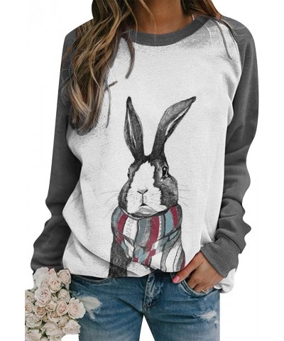 Women Easter Days Bunny Printed Sweatshirt Long Sleeve Crewneck Oversized Pullover Grey Scarf $11.25 Hoodies & Sweatshirts