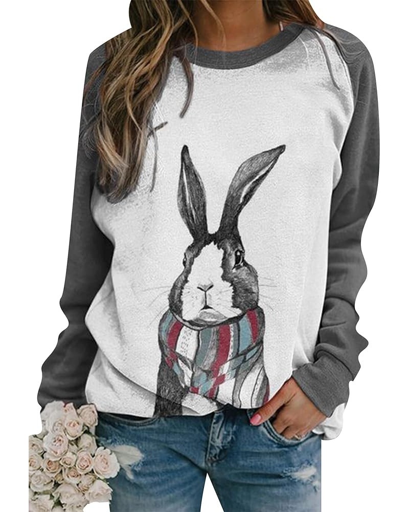 Women Easter Days Bunny Printed Sweatshirt Long Sleeve Crewneck Oversized Pullover Grey Scarf $11.25 Hoodies & Sweatshirts