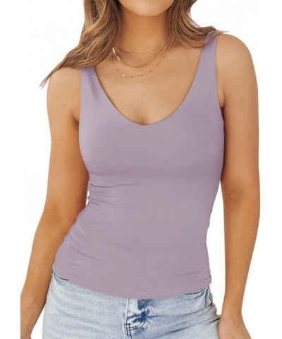 Womens Basic Double Lined V Neck Tank Tops Slimming Workout Summer Tops Sleeveless Shirts Hazy Lilac $11.75 Tanks