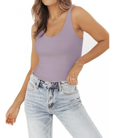 Womens Basic Double Lined V Neck Tank Tops Slimming Workout Summer Tops Sleeveless Shirts Hazy Lilac $11.75 Tanks