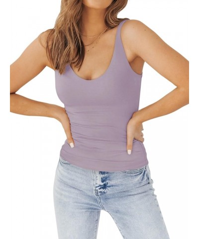 Womens Basic Double Lined V Neck Tank Tops Slimming Workout Summer Tops Sleeveless Shirts Hazy Lilac $11.75 Tanks