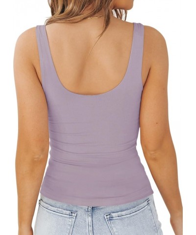 Womens Basic Double Lined V Neck Tank Tops Slimming Workout Summer Tops Sleeveless Shirts Hazy Lilac $11.75 Tanks