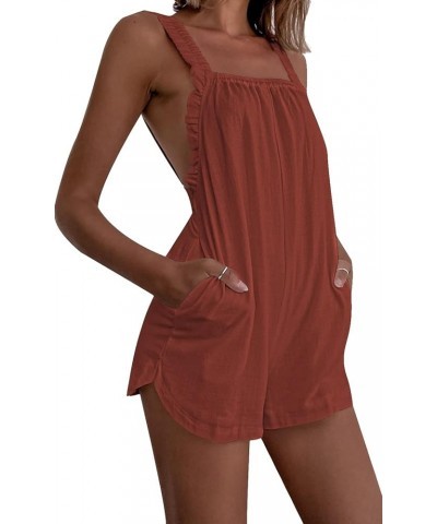 Overall Shorts for Women Ruffle Sleeveless Backless Summer Cami Rompers Jumpsuit with Pockets Brick Red $20.34 Rompers