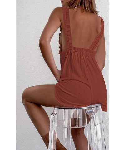 Overall Shorts for Women Ruffle Sleeveless Backless Summer Cami Rompers Jumpsuit with Pockets Brick Red $20.34 Rompers