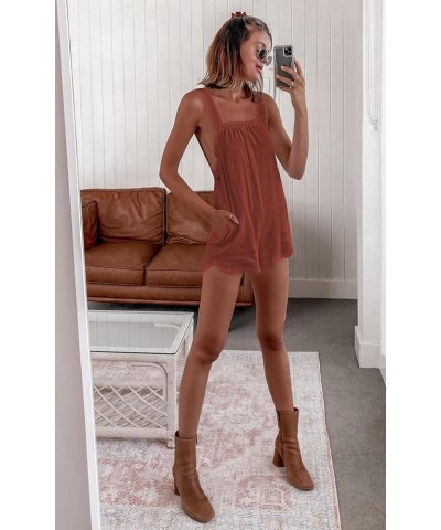 Overall Shorts for Women Ruffle Sleeveless Backless Summer Cami Rompers Jumpsuit with Pockets Brick Red $20.34 Rompers