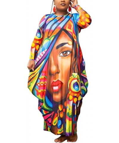 Women's African Plus Size Print Loose Maxi Dress Casual Long Sleeve T Shirt Long Dresses with Pockets Blue $20.52 Dresses