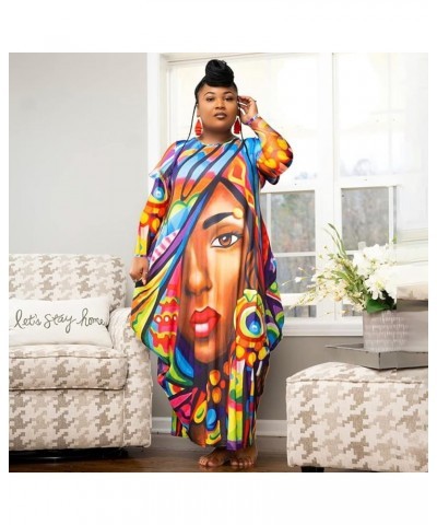 Women's African Plus Size Print Loose Maxi Dress Casual Long Sleeve T Shirt Long Dresses with Pockets Blue $20.52 Dresses