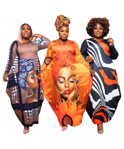 Women's African Plus Size Print Loose Maxi Dress Casual Long Sleeve T Shirt Long Dresses with Pockets Blue $20.52 Dresses