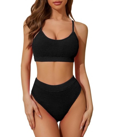 Ribbed Tummy Control 2 Piece Swimsuit High Waisted Bikini Set Cheeky Solid Color Wavy Black $15.36 Swimsuits