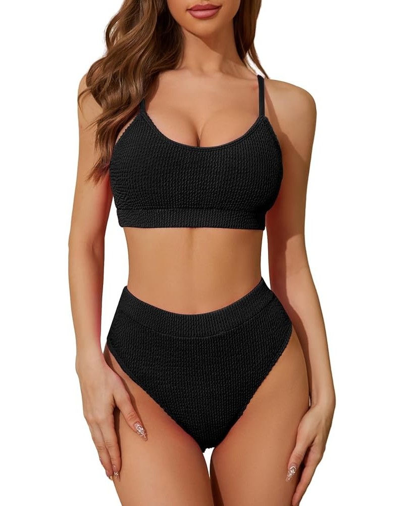 Ribbed Tummy Control 2 Piece Swimsuit High Waisted Bikini Set Cheeky Solid Color Wavy Black $15.36 Swimsuits