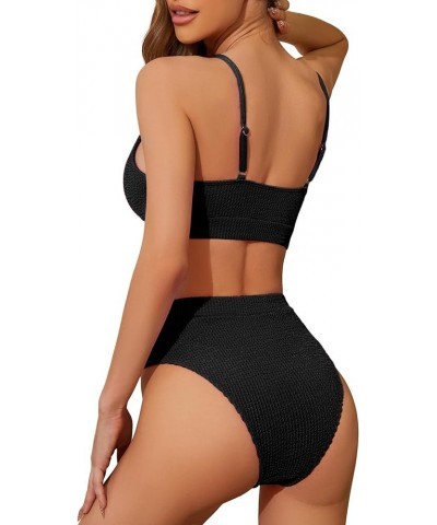 Ribbed Tummy Control 2 Piece Swimsuit High Waisted Bikini Set Cheeky Solid Color Wavy Black $15.36 Swimsuits