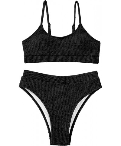 Ribbed Tummy Control 2 Piece Swimsuit High Waisted Bikini Set Cheeky Solid Color Wavy Black $15.36 Swimsuits