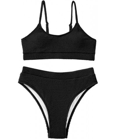 Ribbed Tummy Control 2 Piece Swimsuit High Waisted Bikini Set Cheeky Solid Color Wavy Black $15.36 Swimsuits