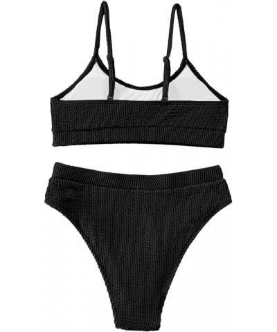 Ribbed Tummy Control 2 Piece Swimsuit High Waisted Bikini Set Cheeky Solid Color Wavy Black $15.36 Swimsuits