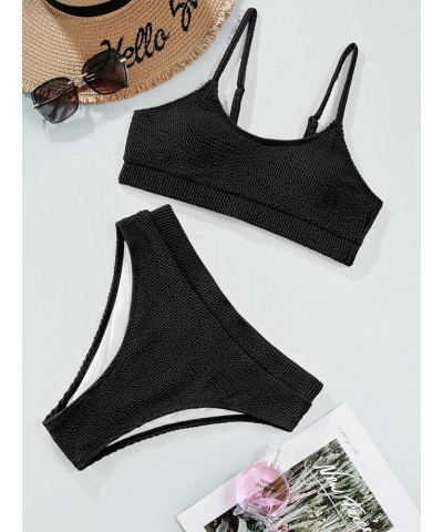 Ribbed Tummy Control 2 Piece Swimsuit High Waisted Bikini Set Cheeky Solid Color Wavy Black $15.36 Swimsuits