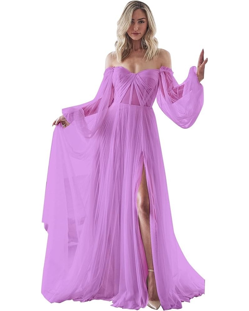 Strapless Prom Dress Long Bell Sleeve Sheer Corset Top A Line Tulle Wedding Dresses for Bride Evening Gowns Lilac $32.40 Dresses