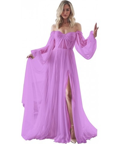 Strapless Prom Dress Long Bell Sleeve Sheer Corset Top A Line Tulle Wedding Dresses for Bride Evening Gowns Lilac $32.40 Dresses