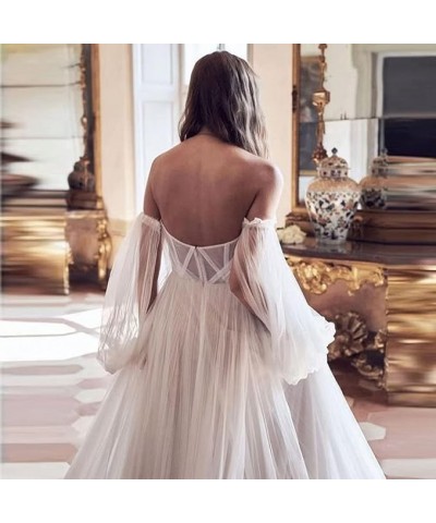 Strapless Prom Dress Long Bell Sleeve Sheer Corset Top A Line Tulle Wedding Dresses for Bride Evening Gowns Lilac $32.40 Dresses