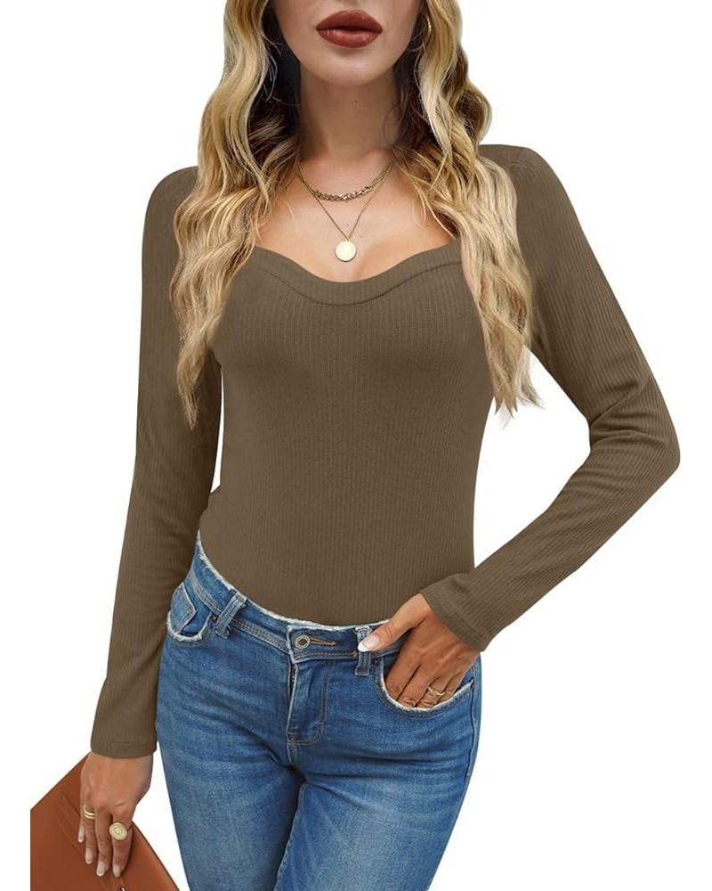 Women's Elegant Slim Fit Ribbed Long Sleeve Sweetheart Neck Top Shirt Coffee $10.50 Blouses