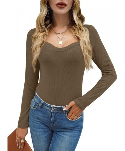 Women's Elegant Slim Fit Ribbed Long Sleeve Sweetheart Neck Top Shirt Coffee $10.50 Blouses