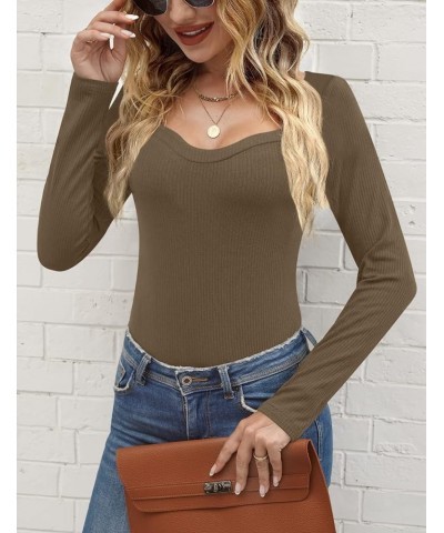 Women's Elegant Slim Fit Ribbed Long Sleeve Sweetheart Neck Top Shirt Coffee $10.50 Blouses