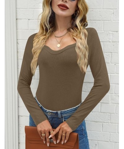 Women's Elegant Slim Fit Ribbed Long Sleeve Sweetheart Neck Top Shirt Coffee $10.50 Blouses